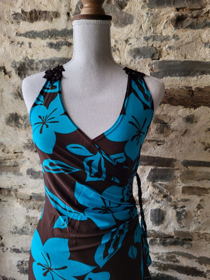 Robe longue d'été à fleurs hawaïennes turquoise marron dentelle au dos La Redoute Taille 36/38 - photo numéro 6