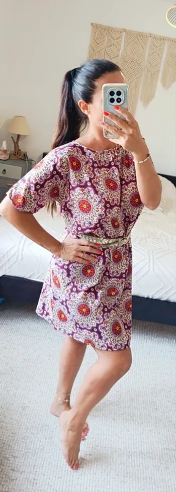 Robe Lara Ethnics neuve violet avec mandala multicolore légère et fluide made in France