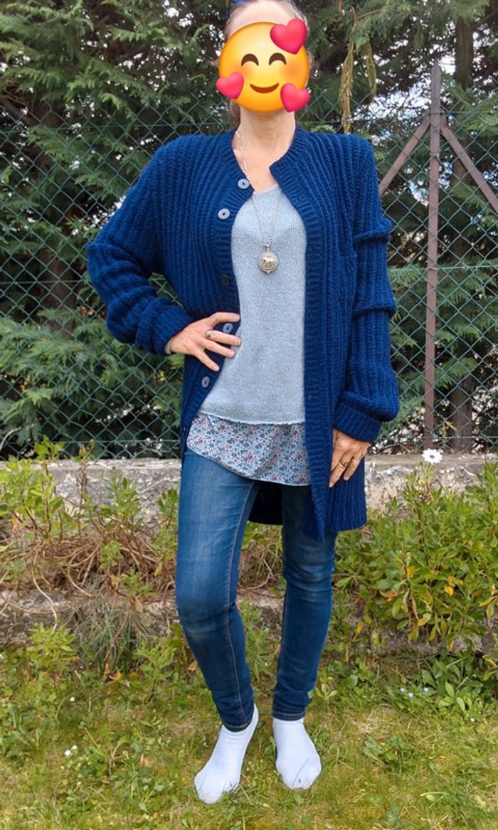 Veste hippie bohème tricoté main bleu marine T 40