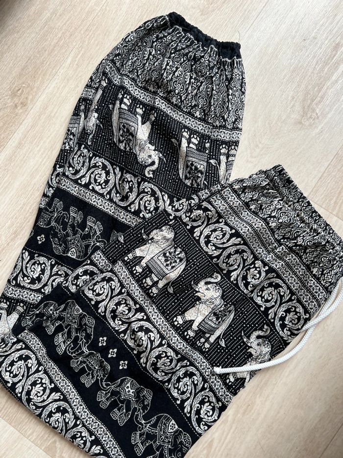 Pantalon mixte thaïlandais noir et blanc motifs éléphants et taille élastique - (S/M) - photo numéro 4