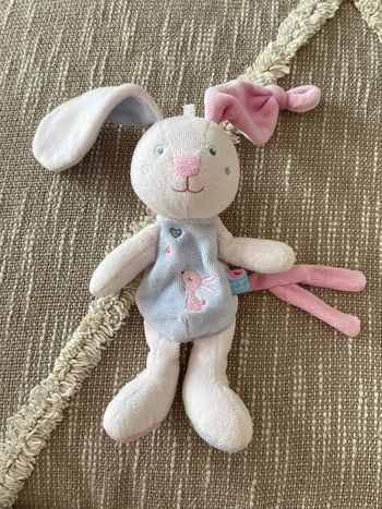 Peluche doudou 20cm Sucre d'Orge lapin blanc bleu rose cœur très bon état