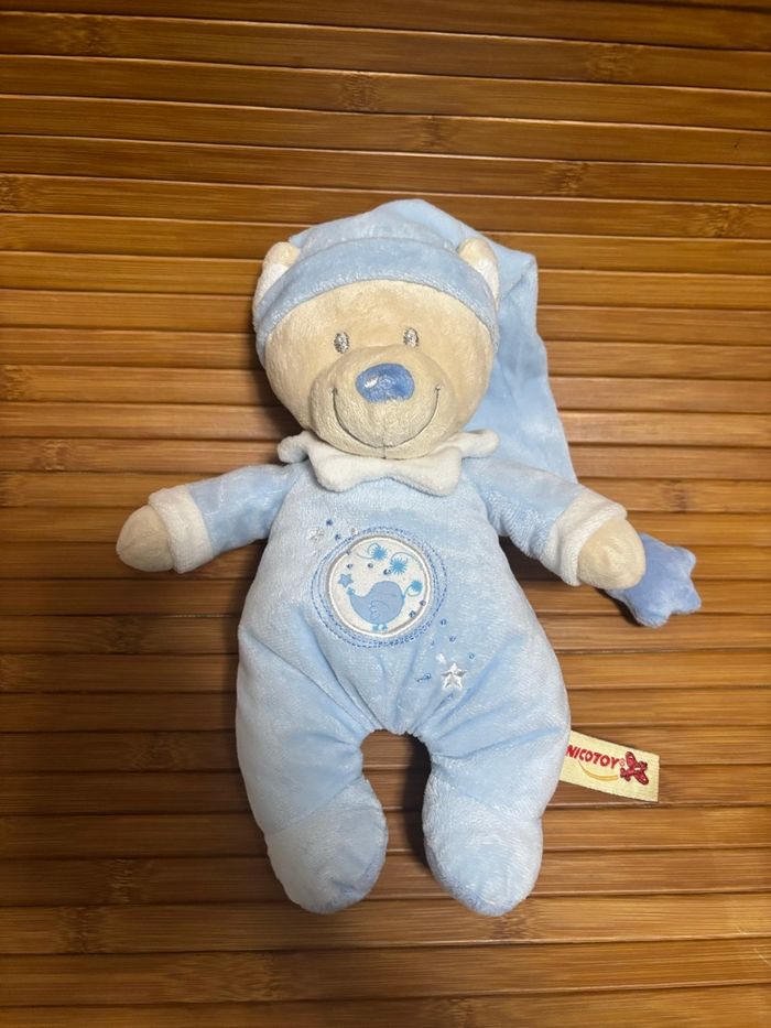 Doudou ours bleu blanc long bonnet étoile nicotoy - photo numéro 3