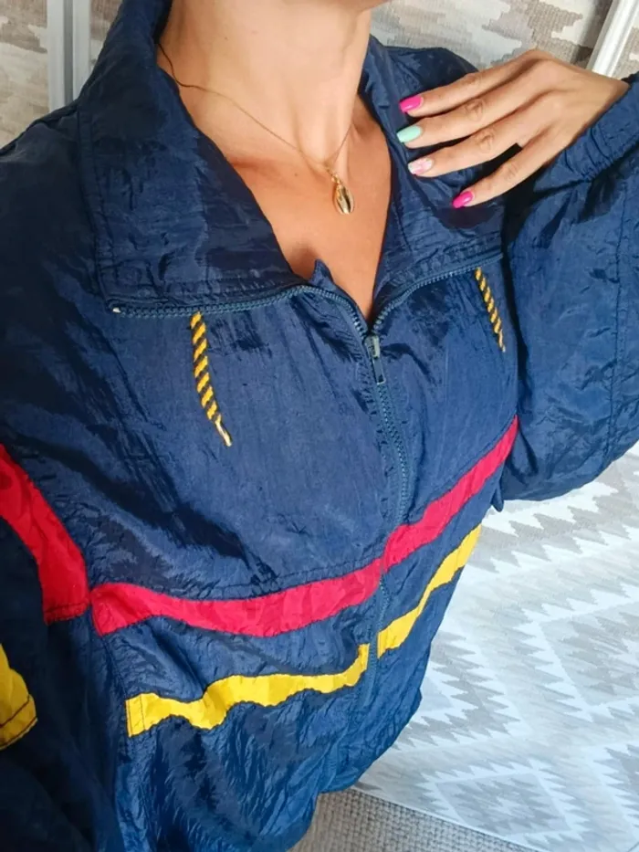 Veste vintage Venezia 80s/90s M Style rétro streetwear bleu marine bandes rouge et jaune mixte