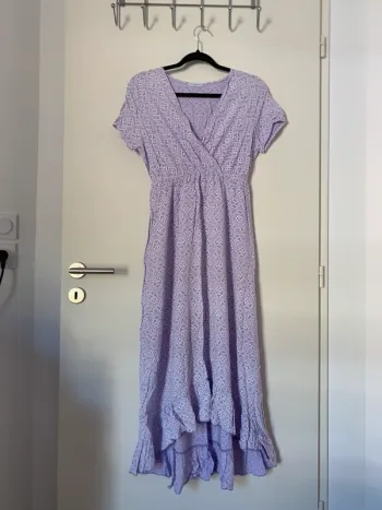 Robe longue asymétrique mauve lila à motif et manches courtes Andromede taille S/M