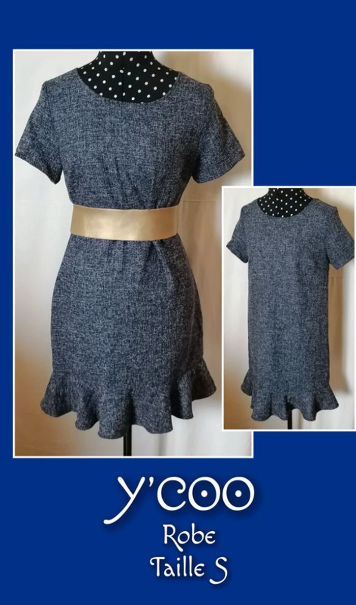 Robe type jean motif tweed volant bleu blanc taille S Y'Coo