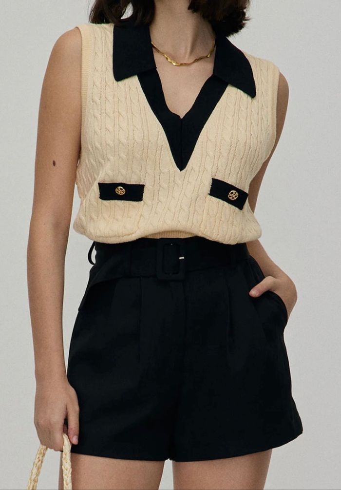 Ensemble Rihoas taille M short noir taille haute et gilet top en maille crème