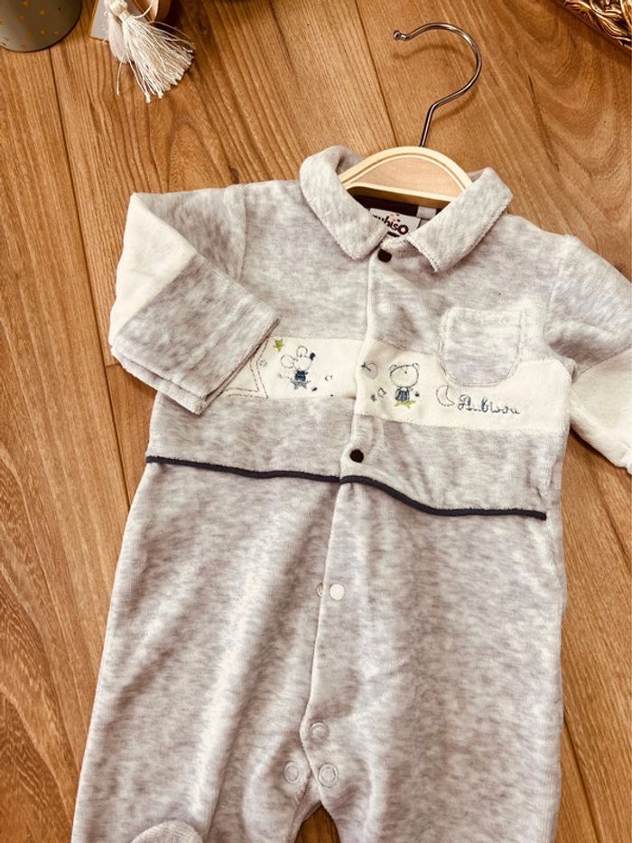 Taille 1 mois pyjama velours garçon Aubisou gris * souris * 💙 - photo numéro 2