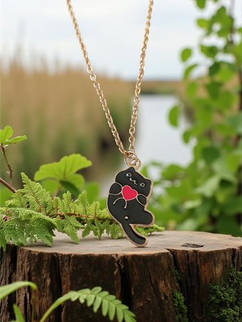 Collier Chat Noir – Cœur Rouge & Chaîne Dorée