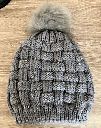 Bonnet laine et pompon gris/taupe taille unique