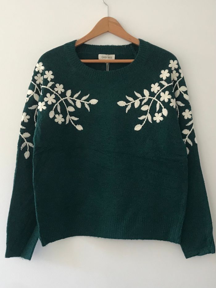Pull Fleuri Couleur Vert Sapin - photo numéro 2