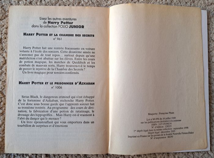 📚 Roman Harry Potter à l'Ecole des Sorciers - Folio Junior 2003 - photo numéro 3