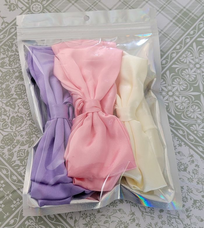 LOT DE 3 PINCES BARETTES CHEVEUX NOEUD SATIN ROSE VIOLET ECRU ! NEUF ! - photo numéro 6