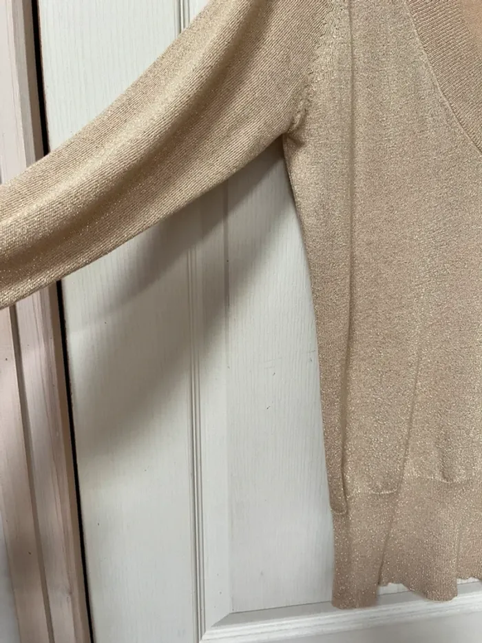 Pull fin col V beige à paillettes doré, taille 42 - photo numéro 4