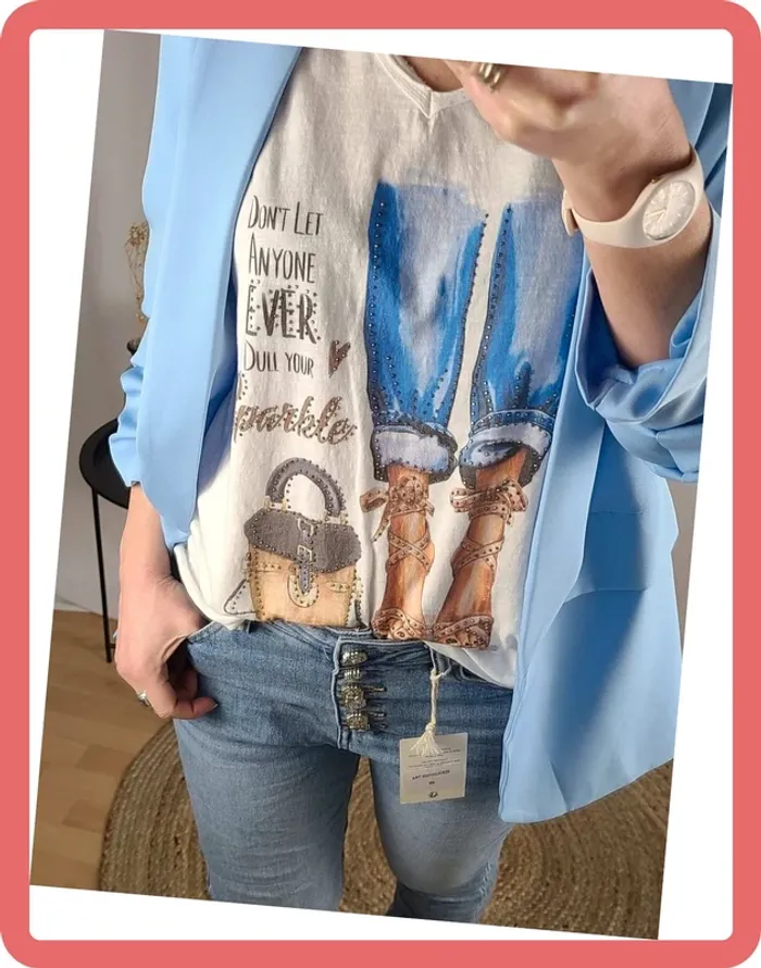 T-Shirt Strass Talons 👠- Taille Unique - Neuf - Bleu - photo numéro 4