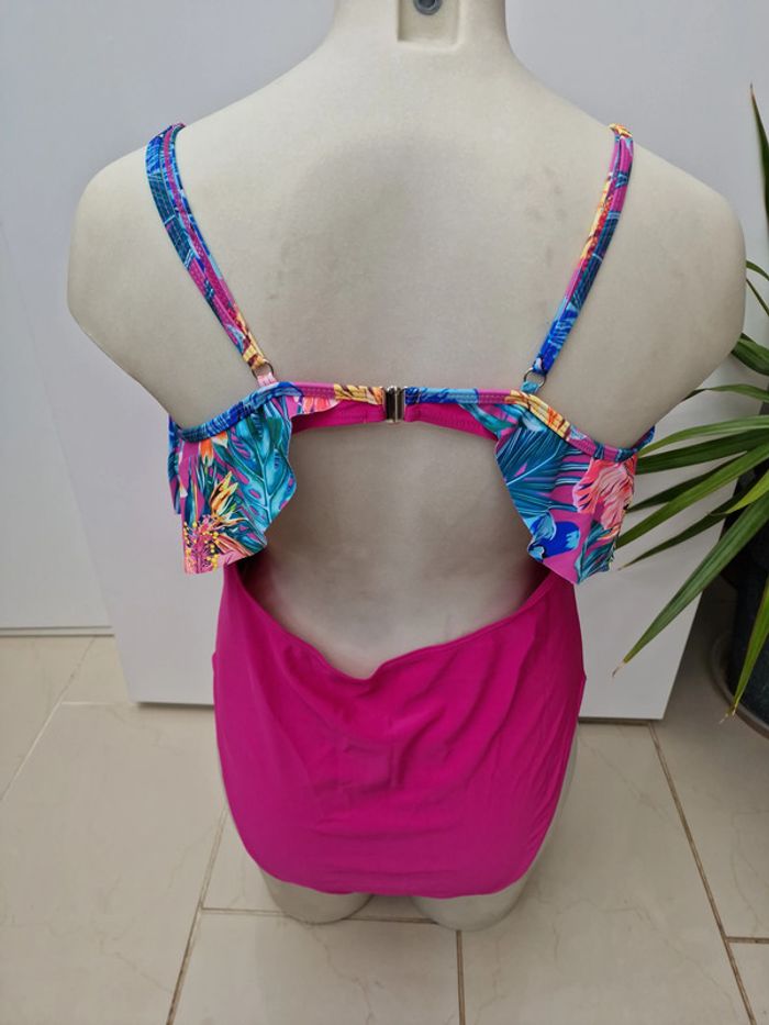 Maillot De Bain Une Piece Fuchsia Volants Imprimé Fleurs Hibiscus - photo numéro 7
