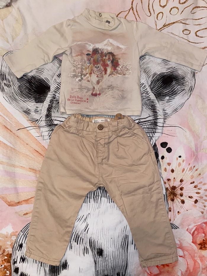Ensemble pantalon et t-shirt, taille 9-12 mois, marque Catimini et Zara Babygirl.