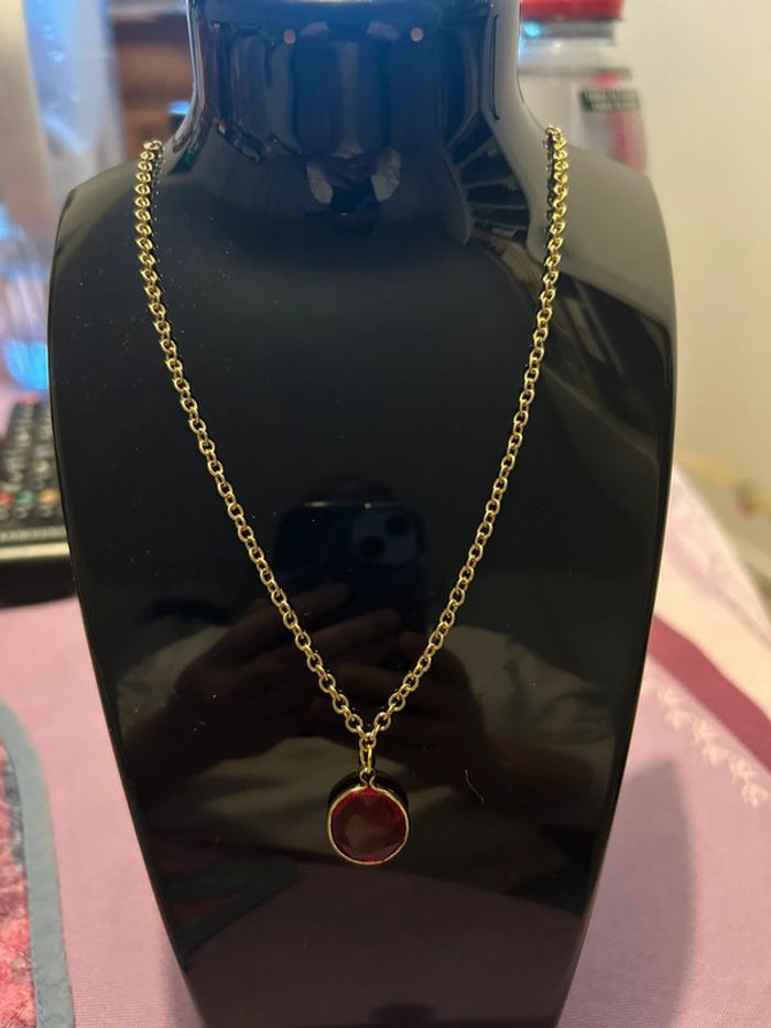 Collier fait main pierre rouge chaîne dorée neuf - photo numéro 2