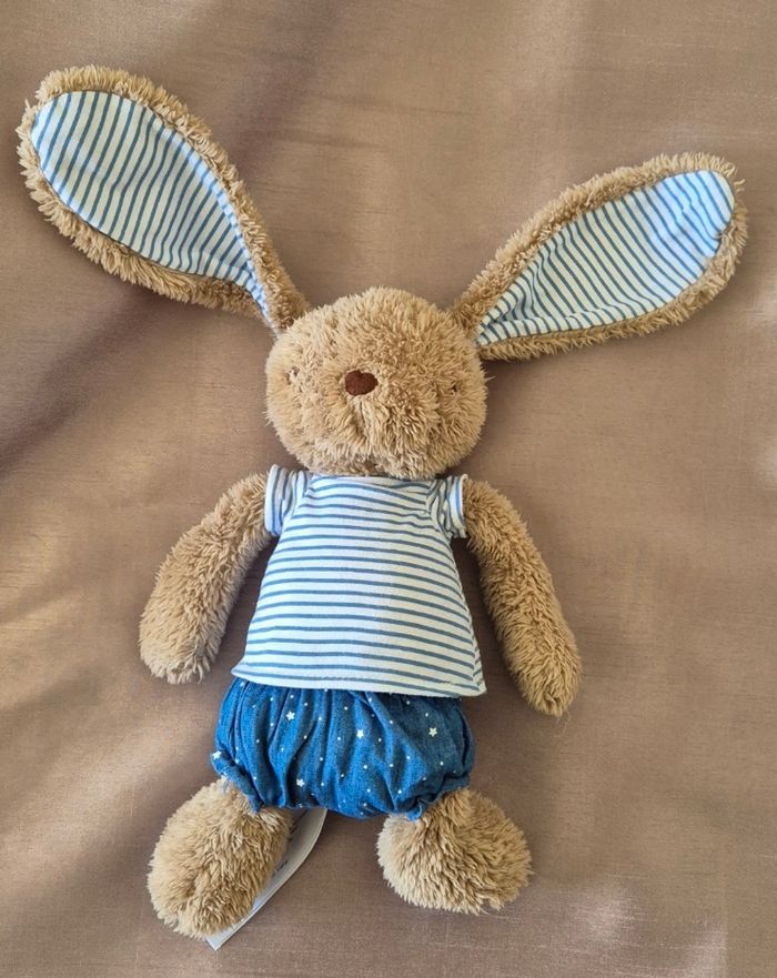 Doudou lapin marron bleu blanc rayé étoiles TAPE A L'OEIL TAO - photo numéro 2
