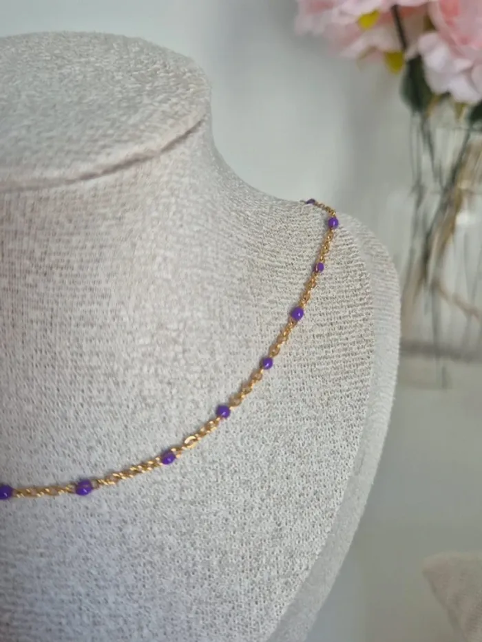 Parure collier + bracelet perles Violettes en acier inoxydable style gigi zag - photo numéro 5