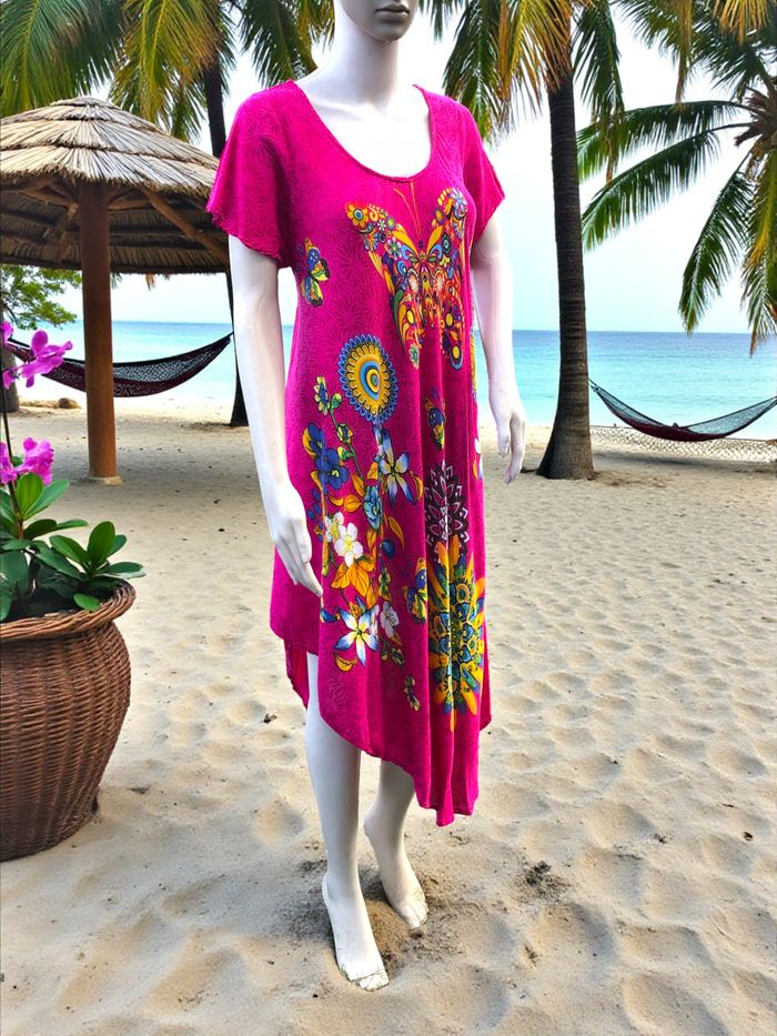 ROBE DE PLAGE FEMME ASYMÉTRIQUE TEINTES LUMINEUSES & MOTIF FLEURS ET PAPILLONS L - photo numéro 2