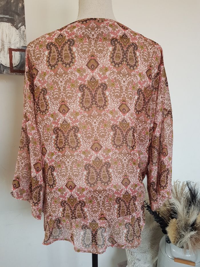 Blouse transparente voile motifs cachemire marron, kaki, roses, aisselles 60cm, Miss Captain, T44 - photo numéro 3
