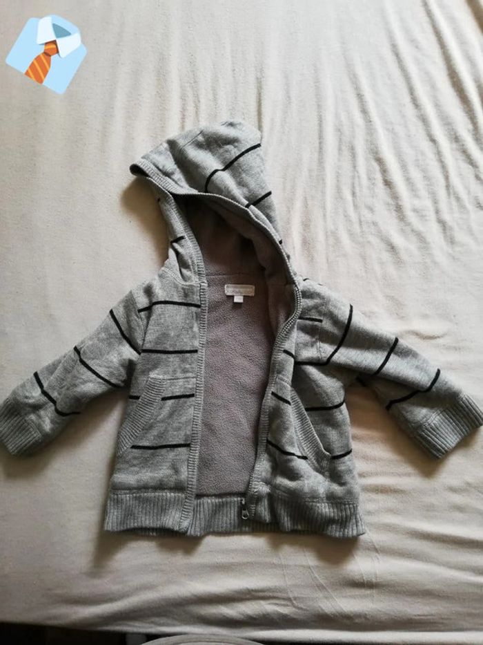 Gilet Gris à Rayures Noires avec Capuche "Kimbaloo" - Taille 24 Mois