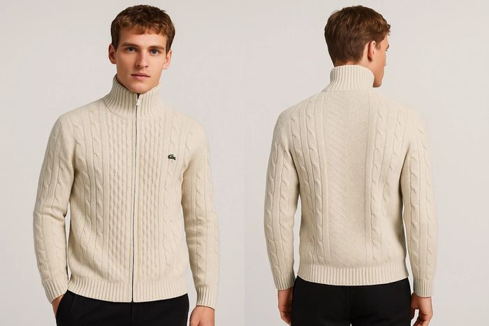 Gilet zippé Lacoste beige torsadé col montant