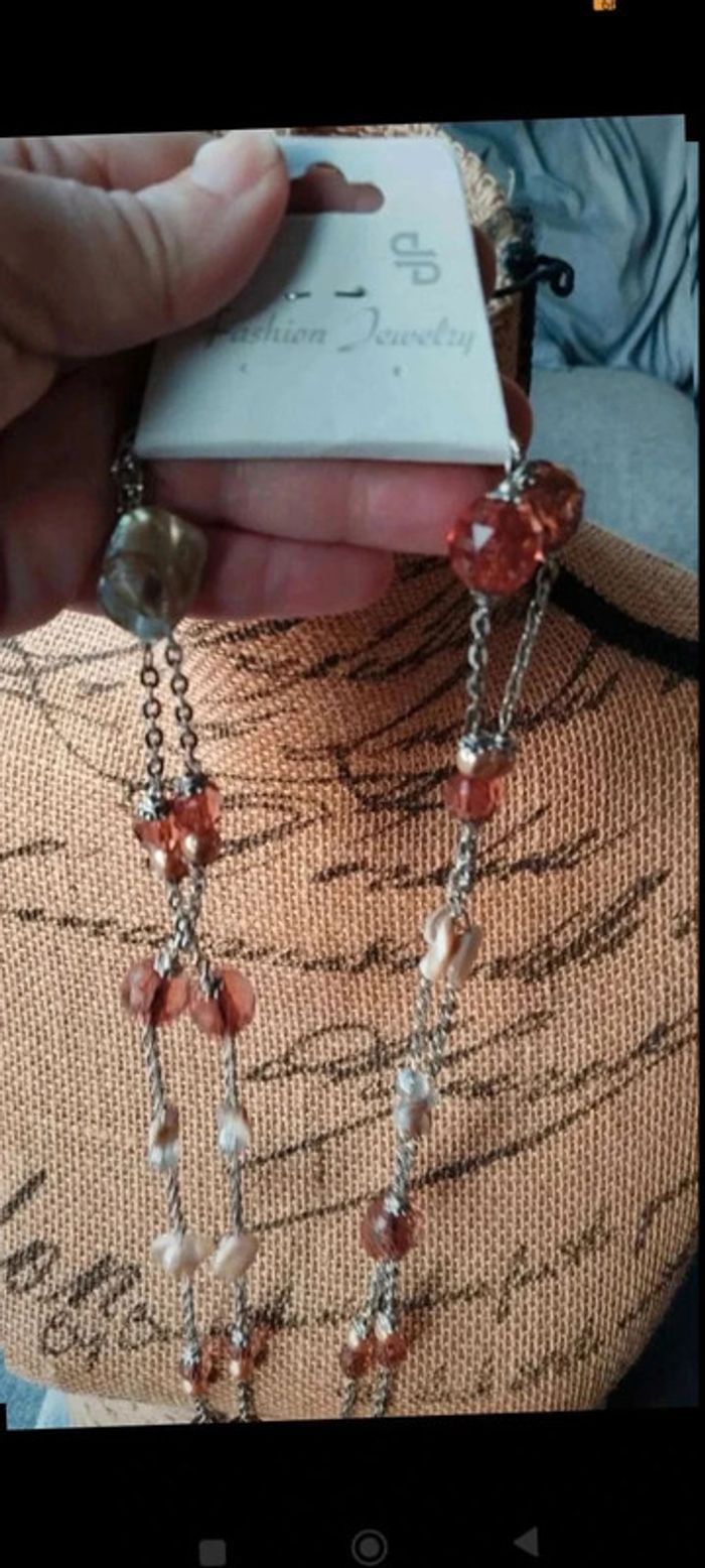 Sautoir  collier argenté  marron beige - photo numéro 6