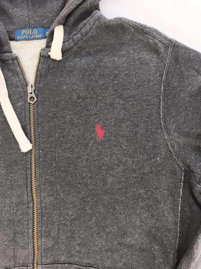 Sweat capuche homme Ralph Lauren zippé taille M gris foncé logo bordeau - tâche javel - photo numéro 6