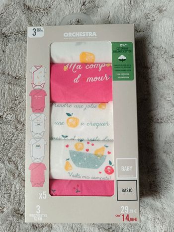 Lot 5 bodies manches courtes neuf bébé fille pomme 3 mois
