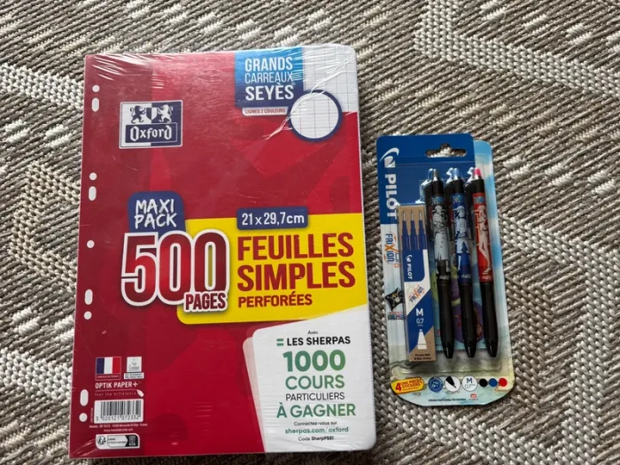 Lot feuilles copie simple Oxford et stylos frixion effaçables