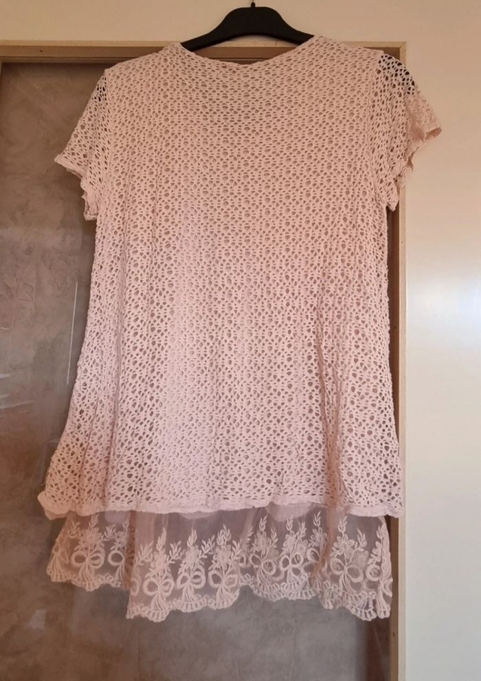 tunique rose manche courte effet macramé taille 38 - photo numéro 3