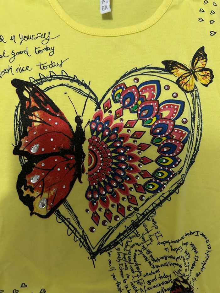 Tee shirt cœur papillon jaune 6 ans single girl - photo numéro 3