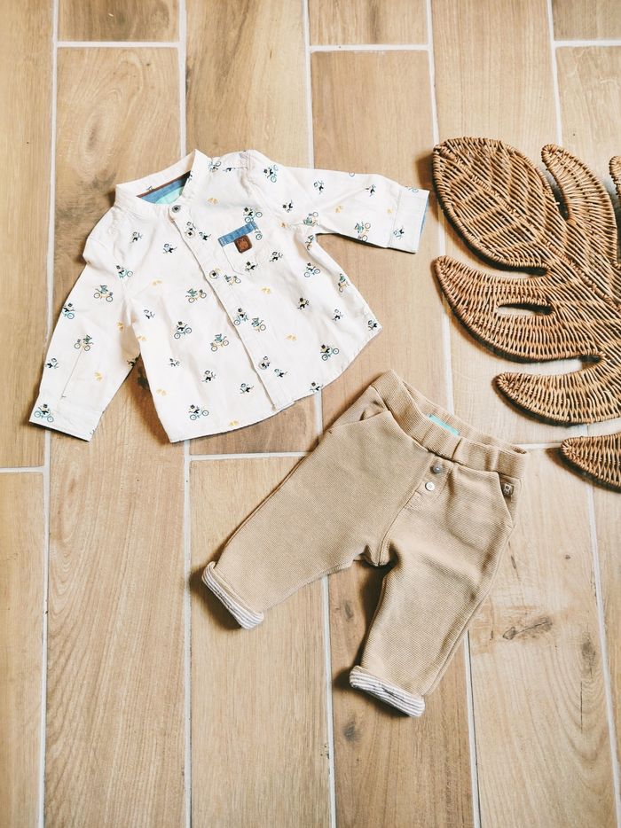 🐵Obaïbi/Okaidi - Ensemble Pantalon molletonné beige et chemise motifs chats et singes -taille 6mois