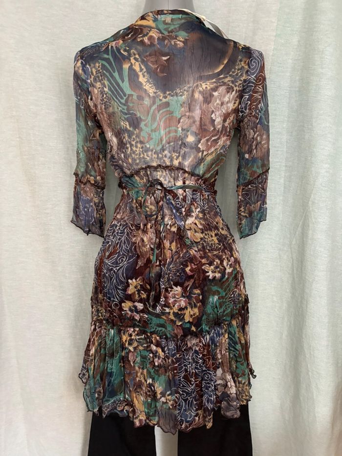 Belle blouse tunique transparente en soie imprimé floral tons verts et bleus M/38 - photo numéro 3