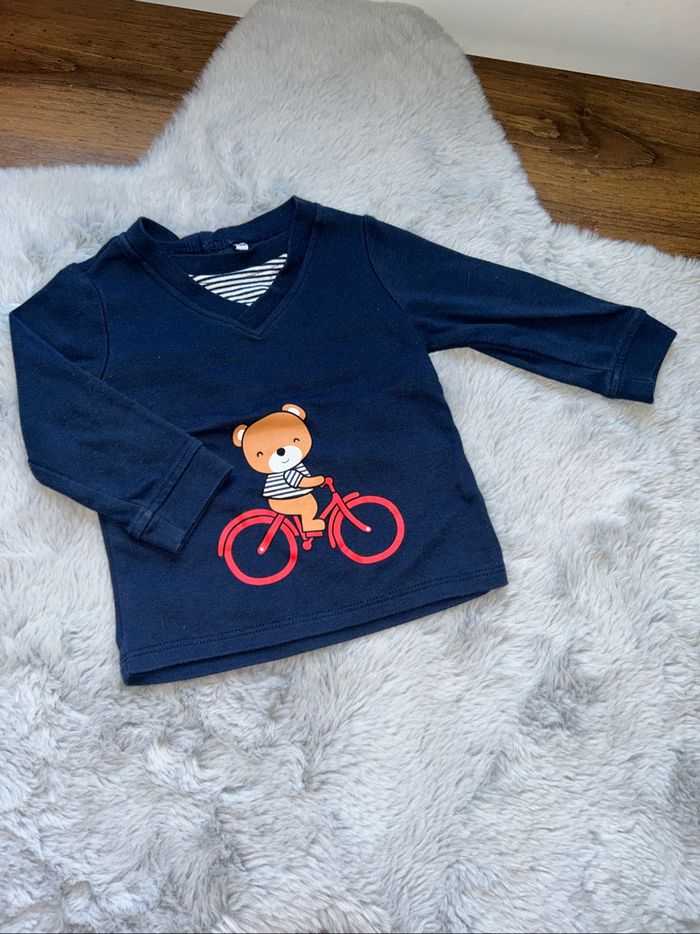 Haut à manches longues bleu motifs ours - 12 mois