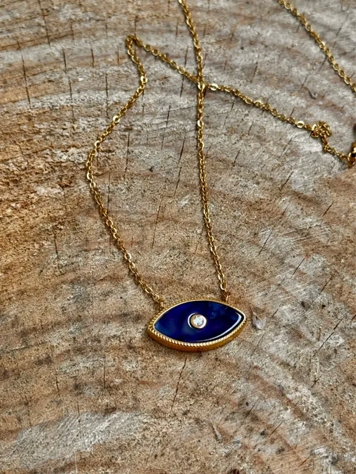 Collier chaîne réglable acier inoxydable or œil bleu lapis-lazuli cristal - photo numéro 3