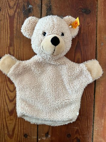 Peluche doudou marionnette Steiff ours beige marron clair chiné traditionnel 25cm