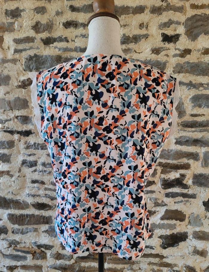 Blouse manches courtes à motifs et dentelle écrue corail et bleu turquoise Pull&Bear Taille 42 - photo numéro 6