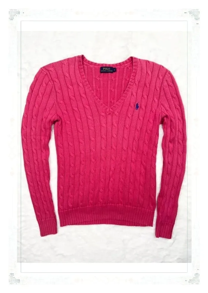 Ralph Lauren pull femme coton torsadé rose col V taille S - photo numéro 2