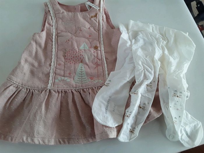 Ensemble Robe rose + collants neufs bébé fille motif noël 1 mois