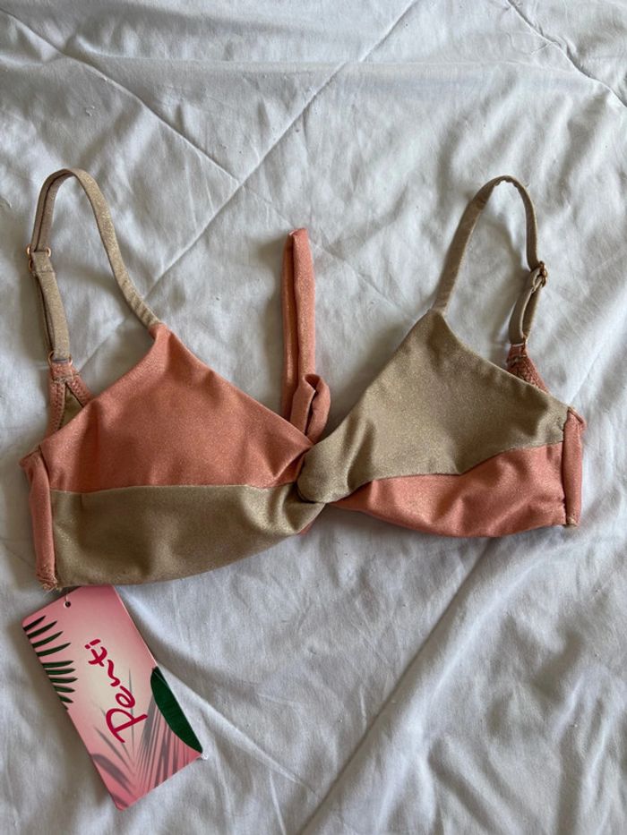 Haut de maillot de bain Penti rose saumon gris marron pailleté brillante taille XS/34 neuf