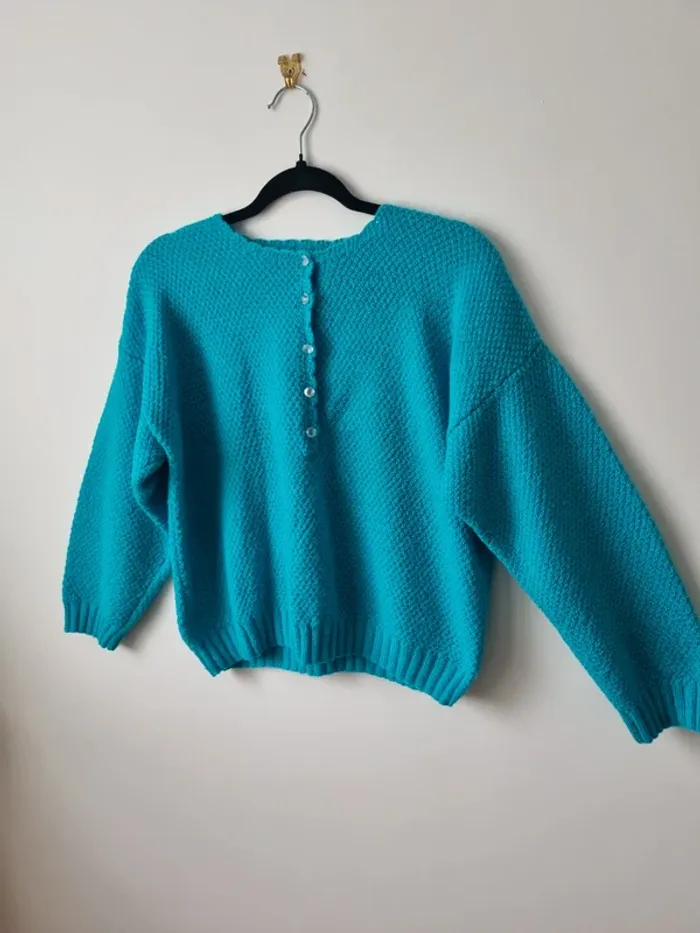 Pull turquoise tricoté vintage - photo numéro 18
