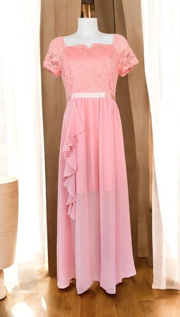Robe longue de soirée avec volant vieux rose M
