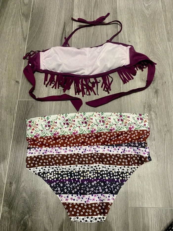 Maillot de bain bikini bordeaux blanc 2 pièces à franges taille haute - photo numéro 3