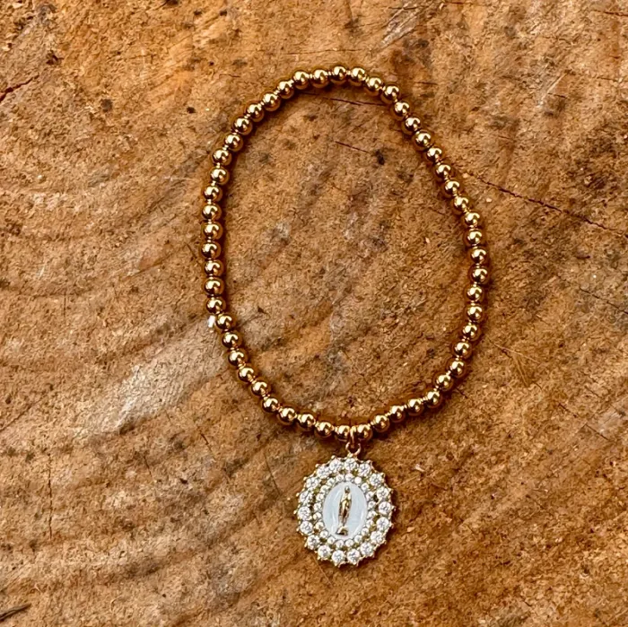 Bracelet réglable boules remplies grosse médaillevierge cristaux blanc - photo numéro 2