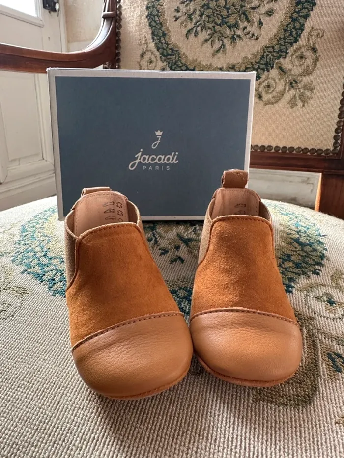 NEUF Jacadi chaussons pantoufles chaussures marron camel cuir 17 bébé François col naturel garçon