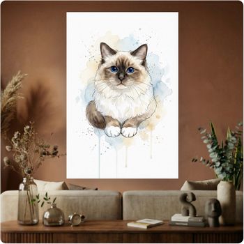 Affiche artistique “Chat type Ragdoll yeux bleus” aquarelle décoration murale A3 Sans cadre