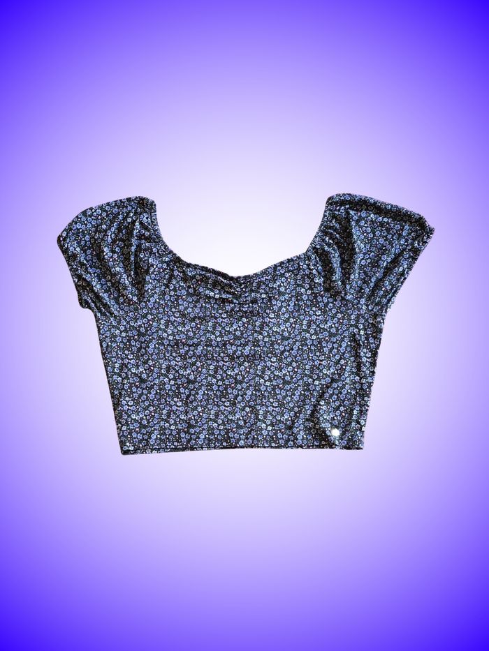 Crop Top Lulu Castagnette – Imprimé Fleuri / Liberty – Encolure Dégagée – Noir & Violet – Taille 42 XL – Très Bon État