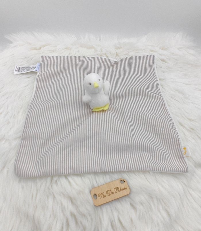 Doudou plat carré Canard oie oiseau poussin blanc jaune rayé beige